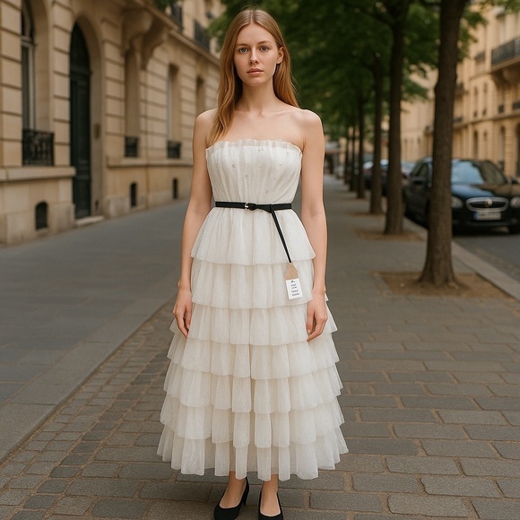 Cream Strapless Ruffled Tiered Sundress for Brides - Picture 1 of 8